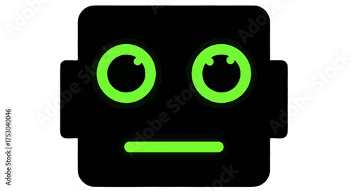 Illustration of a black robot face with green eyes and mouth digital art vector graphics design element on transparent background