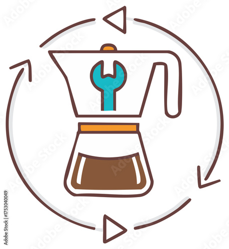 Moka pot coffee maker repair and maintenance cycle with wrench symbol and arrows