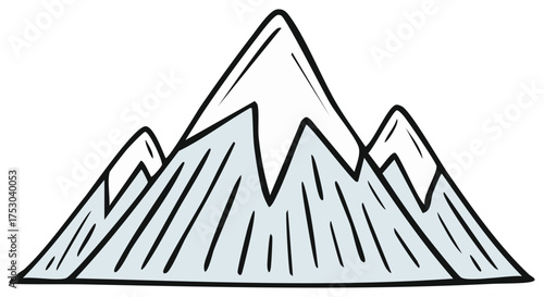 Cartoon mountain range with snow-capped peaks. Simple hand-drawn nature landscape illustration.
