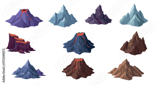 Colorful volcano and mountain collection with lava flow and diverse peaks