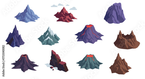 Collection of colorful stylized mountain and volcano shapes in flat design