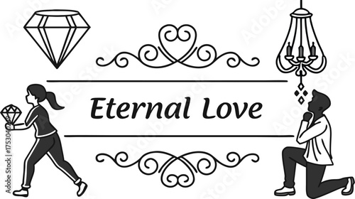 Man proposes to woman with diamond ring, celebrating eternal love and commitment with romantic decorative elements