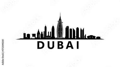 A detailed vector illustration of the Dubai skyline at eye-level, rendered in solid black on a pristine white background, showcasing the iconic Burj Al Arab in silhouette form, along with surrounding 