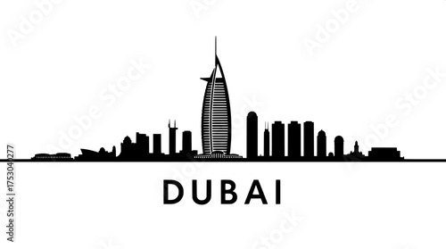A detailed vector illustration of the Dubai skyline at eye-level, rendered in solid black on a pristine white background, showcasing the iconic Burj Al Arab in silhouette form, along with surrounding 