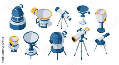 Isometric telescope collection featuring various designs and styles for astronomy enthusiasts