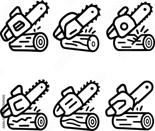 chainsaw cutting wooden log vector icon set