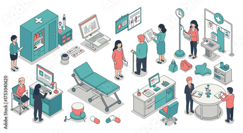 Modern isometric healthcare office scene with medical staff and equipment