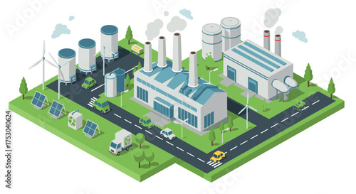 Isometric modern eco-friendly industrial scene with wind turbines and solar panels