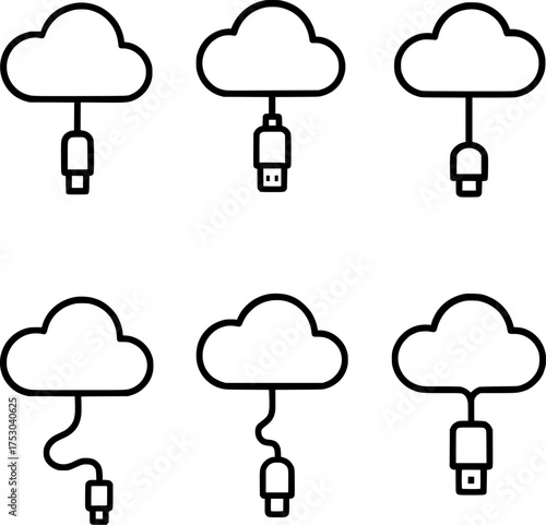 cloud storage usb connection vector icon set