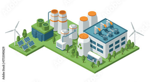 Isometric renewable energy plant with wind turbines and solar panels