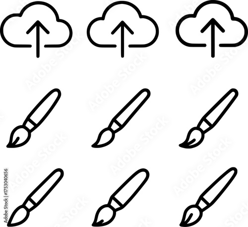 cloud upload paintbrush vector icon set