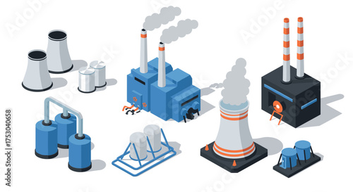 Isometric industrial power plant elements with chimneys and cooling towers