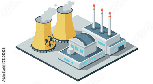 Isometric nuclear plant with cooling towers and radioactive symbol