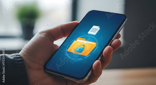 Wallpaper Mural Hand holding phone secure file icon mobile device Torontodigital.ca