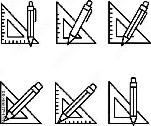 drafting ruler and mechanical pencil line icon set