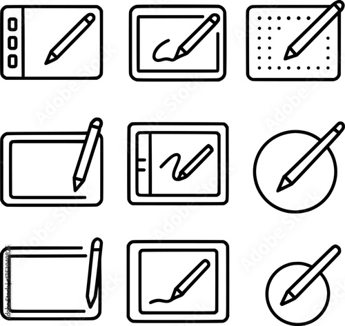drawing tablet and stylus vector icon set black and white