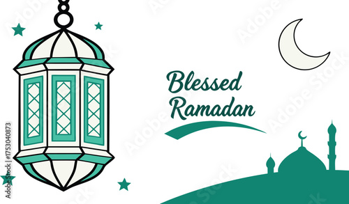 Elegant Ramadan lantern and mosque silhouette celebrate spiritual blessings with crescent moon and stars, invoking peace and devotion for greeting cards and social media posts.