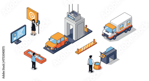 Isometric city traffic and surveillance scene with cars, people, and automated security systems