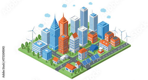 Sustainable isometric cityscape with modern buildings and renewable energy sources