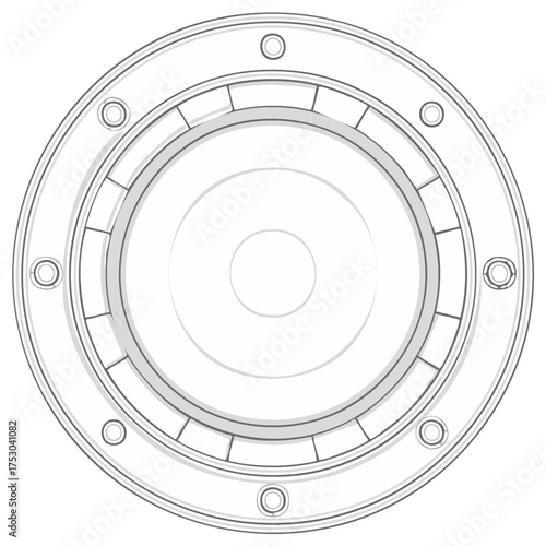 Vector line art of a circular mechanical component with central core and outer bolted rim design