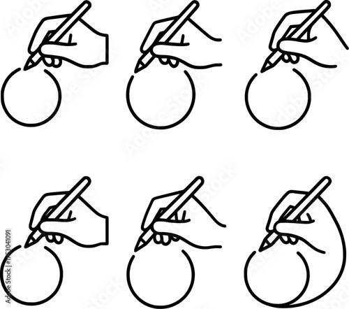 hand holding stylus drawing circle line art icon set