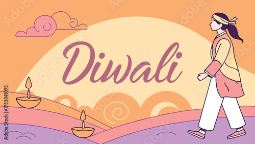 Joyful celebration of Diwali festival with woman walking past diyas and festive clouds, vibrant cultural scene