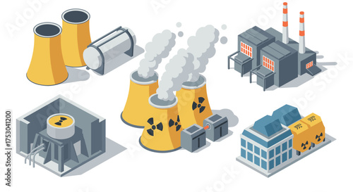 Isometric nuclear power plant elements with cooling towers and reactors