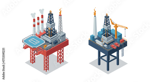 Isometric offshore oil rigs with industrial equipment and helipad