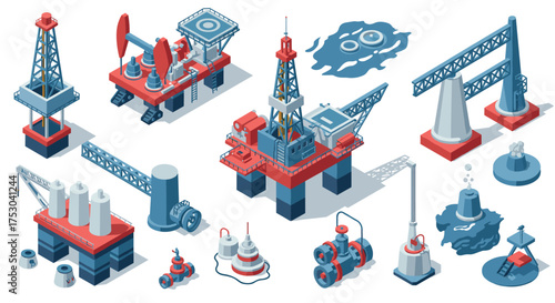 Isometric industrial oil rigs and drilling equipment set in blue and red