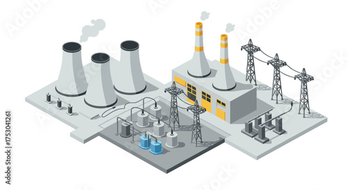 Isometric power plant with cooling towers and power lines in industrial setting