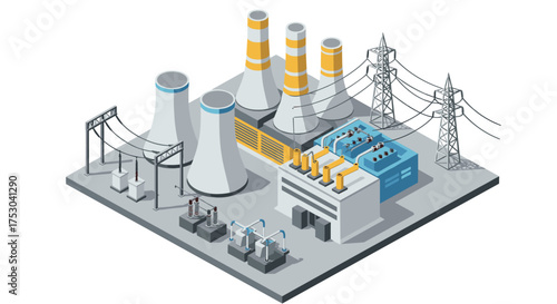 Modern power plant with industrial chimneys and electricity pylons in isometric design