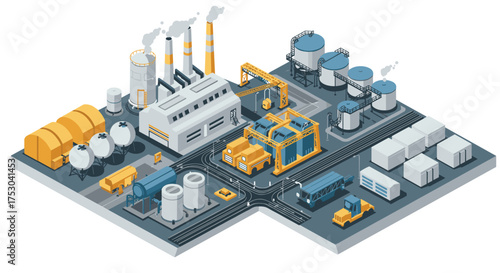 Isometric industrial factory scene with buildings, trucks, and tanks