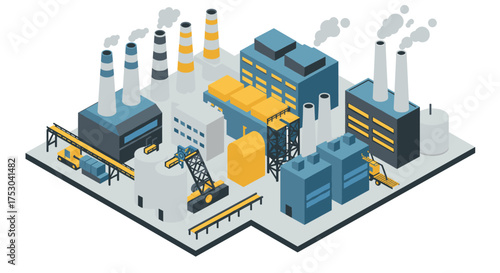 Isometric factory complex with machinery and chimneys emitting smoke