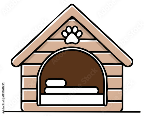 Cartoon Dog House with Paw Print and Bed Inside Pet Shelter Isolated
