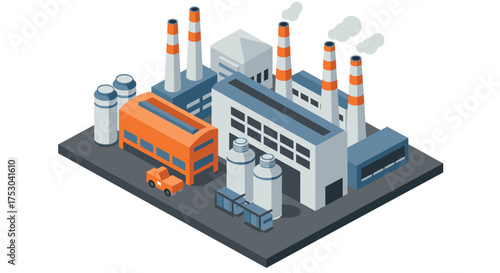 Isometric factory with chimneys and industrial buildings in vector style