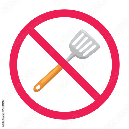 No spatula sign, forbidden sign with spatula icon, kitchen utensil prohibition sign, red crossed circle symbol, flat vector illustration
