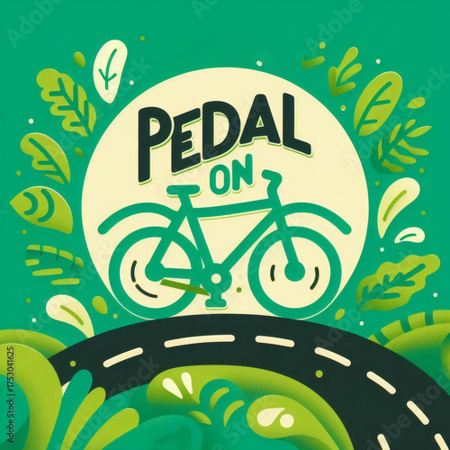 Illustration Of A Bicycle With Pedal On Text Set On A Winding Road With Green Foliage