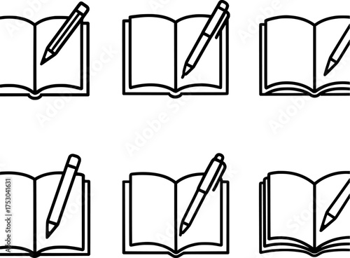 Open sketchbook with pencil and pen vector icon set