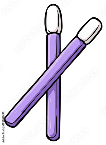 Two lilac cosmetic cotton swabs arranged crossed for beauty or hygiene supplies design element on white backdrop