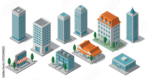 Diverse set of isometric buildings including skyscrapers, office complexes, and residential structures