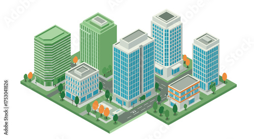 Isometric urban cityscape with modern buildings and green spaces