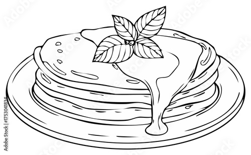 Black and white line art illustration of pancakes with dripping syrup and mint