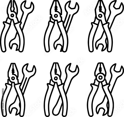 plier and spanner combination tool vector icon set