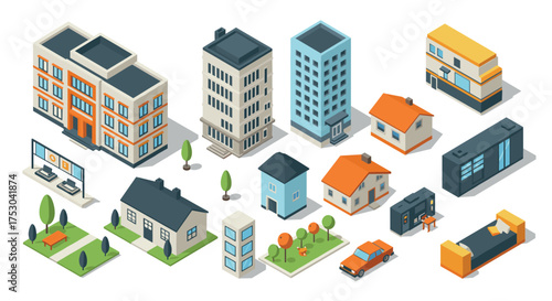 Isometric building set with urban and suburban architecture elements