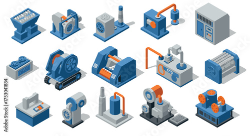 Industrial machinery set in isometric style featuring manufacturing equipment