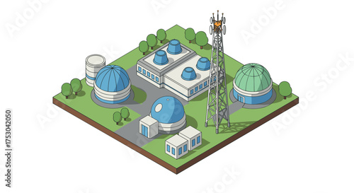 Isometric observatory park with domes and communication tower