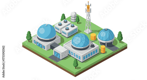 Isometric satellite communication facility with domes and antenna on green landscape