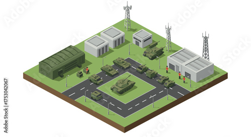Isometric military base with tanks and communication towers on a grass field