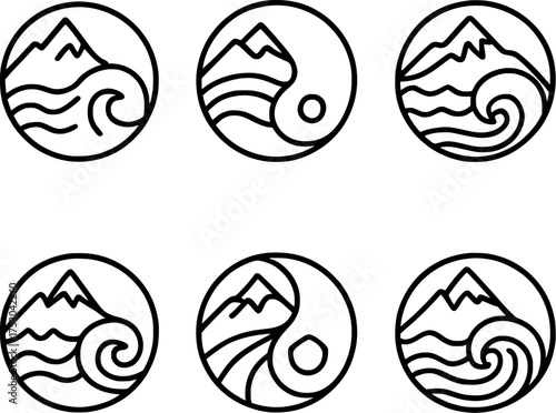 yin yang mountain ocean vector icon set