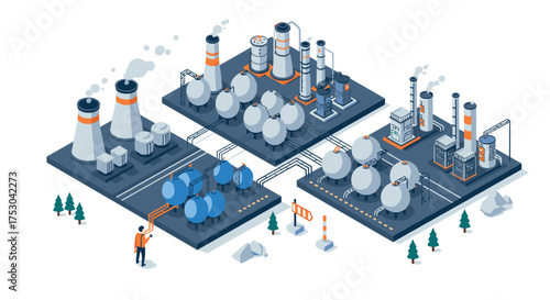 Isometric industrial complex with factories and storage tanks in modern style